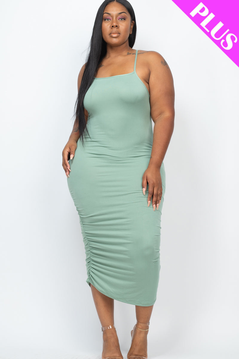 Plus Size Ruched Midi Dress with Crisscross Back Detail