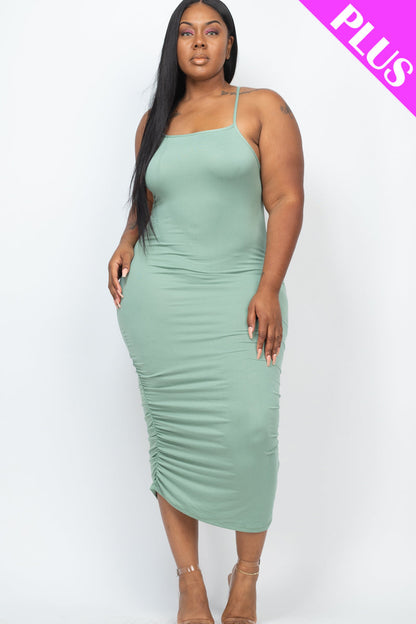 Plus Size Ruched Midi Dress with Crisscross Back Detail