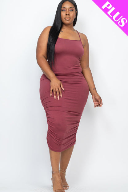 Plus Size Ruched Midi Dress with Crisscross Back Detail