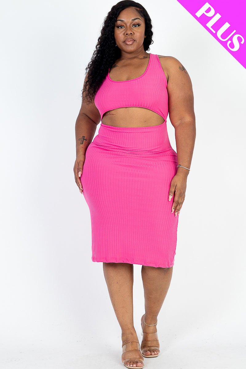 Bodycon Midi Dress in Plus Size Ribbed Fabric with Cutout Front and Crisscross Back