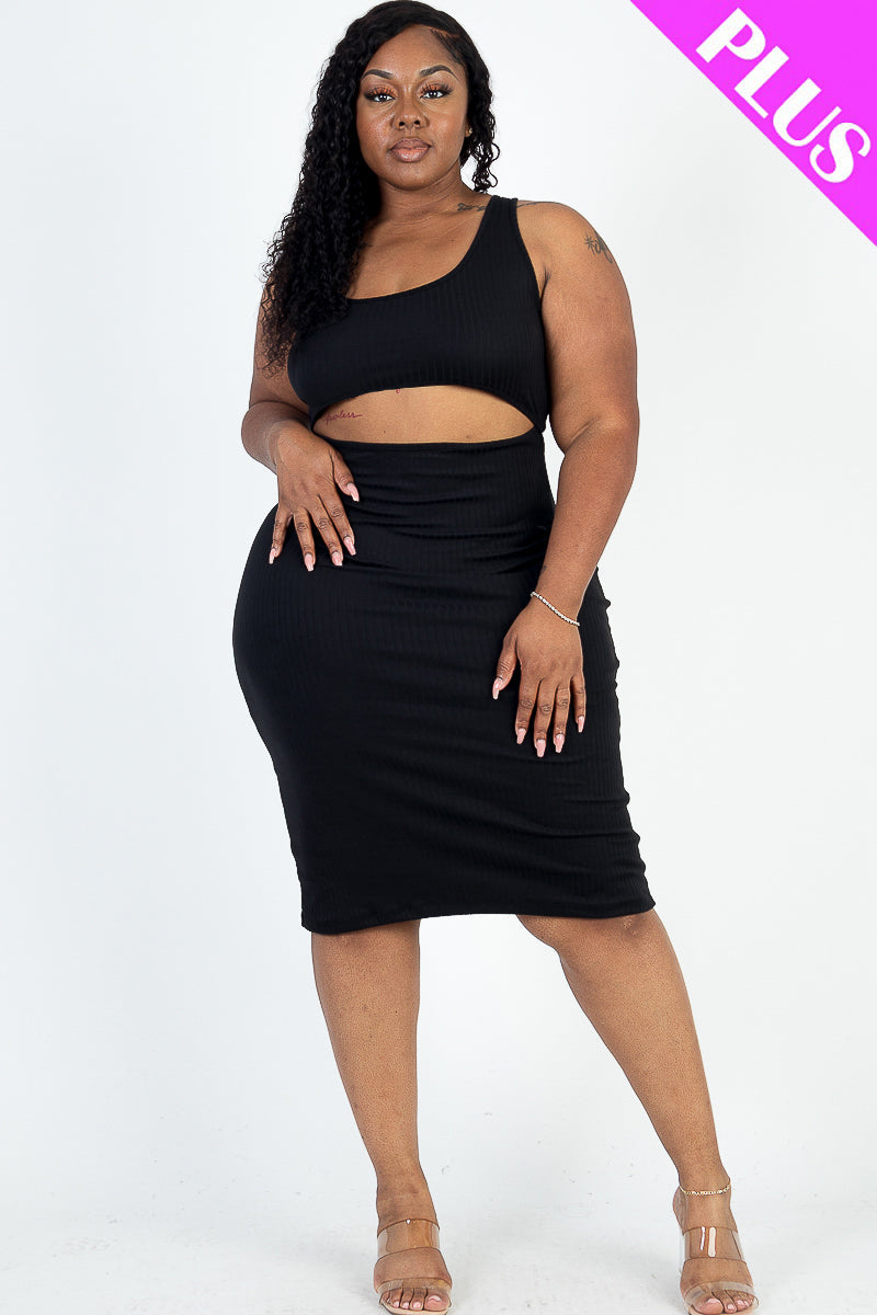 Bodycon Midi Dress in Plus Size Ribbed Fabric with Cutout Front and Crisscross Back