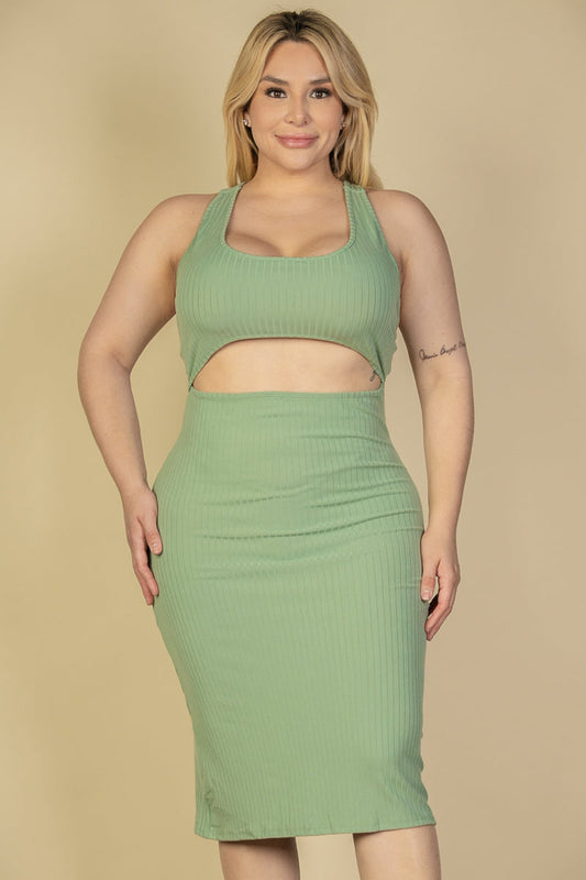 Bodycon Midi Dress in Plus Size Ribbed Fabric with Cutout Front and Crisscross Back