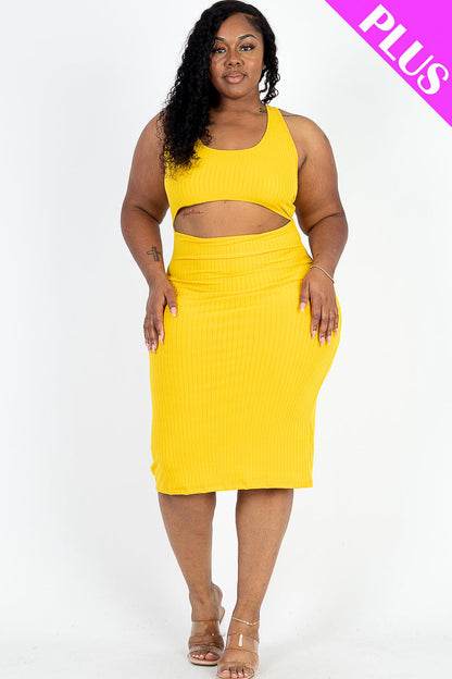 Bodycon Midi Dress in Plus Size Ribbed Fabric with Cutout Front and Crisscross Back