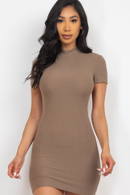 Chic Ribbed Bodycon Dress with Short Sleeves and Mock Neck