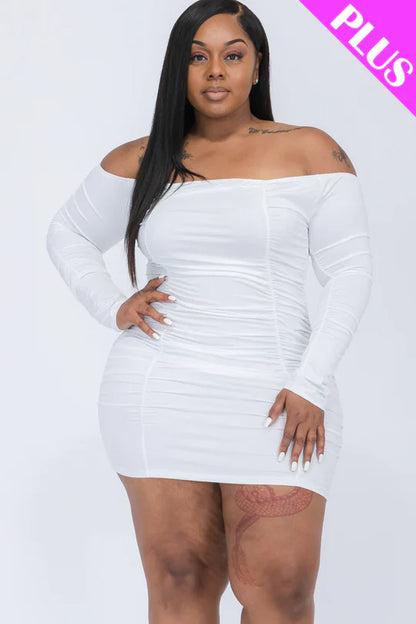 Off-Shoulder Ruched Long Sleeve Dress in Plus Size