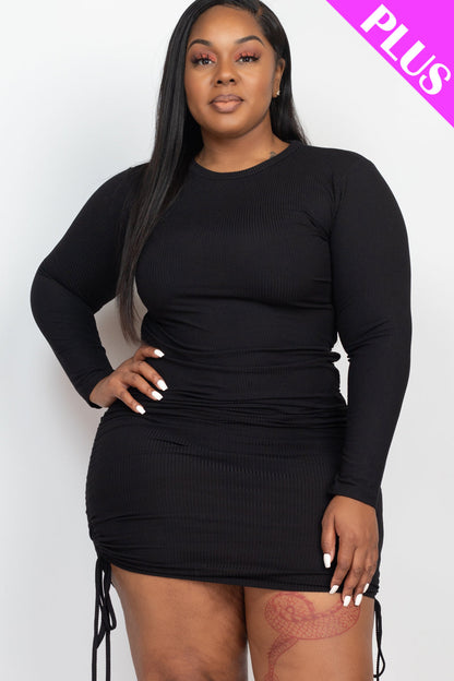 Ribbed Bodycon Midi Dress with Long Sleeves and Drawstring, Plus Size