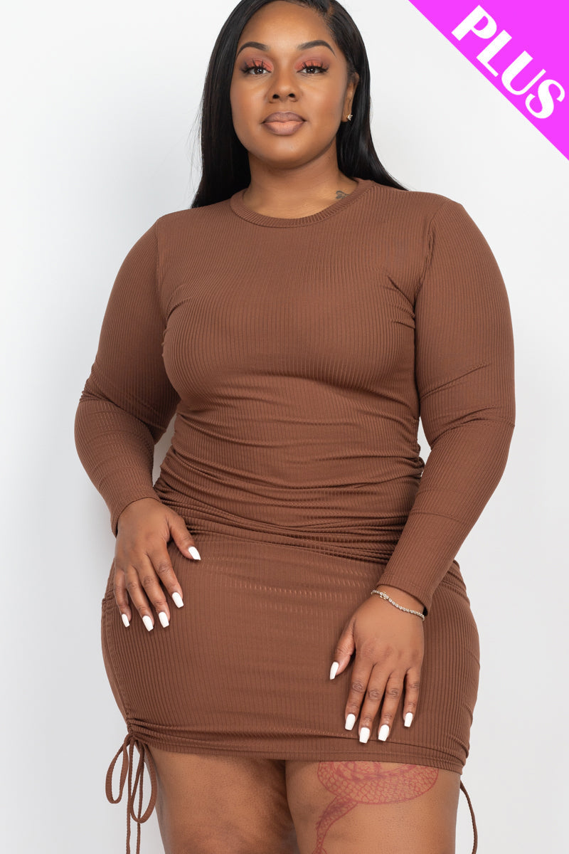 Ribbed Bodycon Midi Dress with Long Sleeves and Drawstring, Plus Size