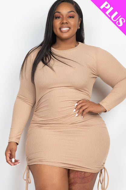 Ribbed Bodycon Midi Dress with Long Sleeves and Drawstring, Plus Size