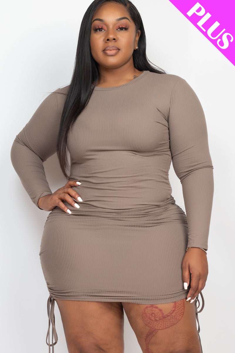 Ribbed Bodycon Midi Dress with Long Sleeves and Drawstring, Plus Size