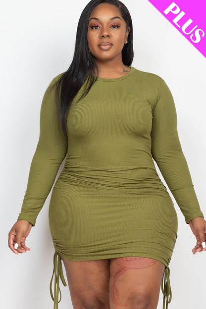 Ribbed Bodycon Midi Dress with Long Sleeves and Drawstring, Plus Size