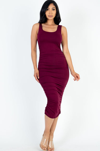 Ruched Square Neck Bodycon Midi Dress