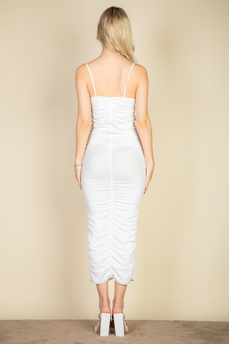 Ruched Bodycon Midi Dress with Cami Straps