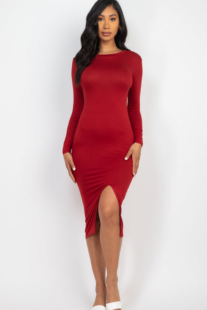 Long Sleeve Midi Dress with Side Thigh Slit