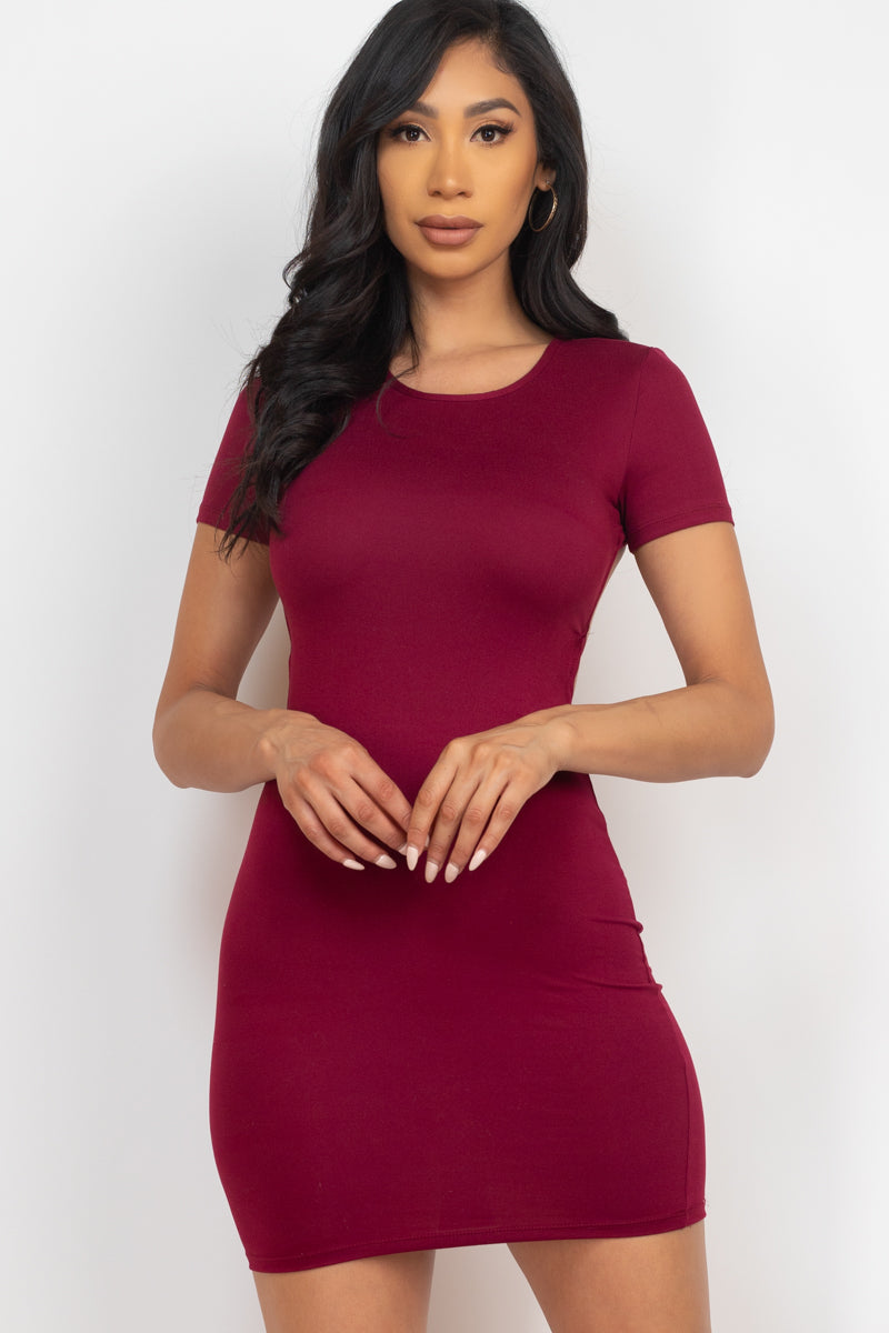 Sleek Short Sleeve Round Neck Open Back Solid Color Mini Bodycon Dress