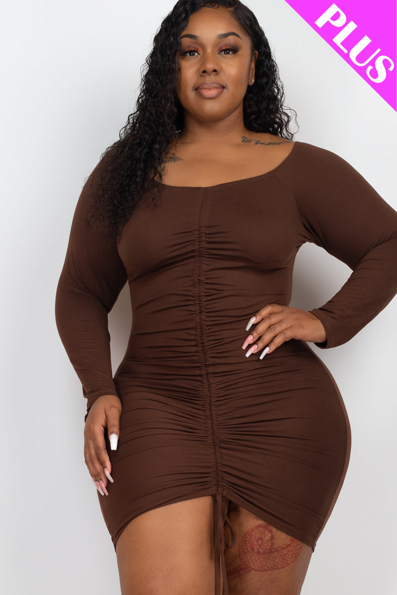 Off-Shoulder Ruched Drawstring Bodycon Dress in Plus Size