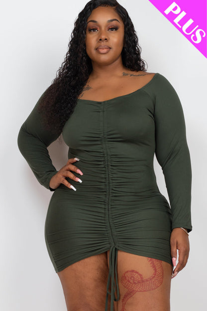 Off-Shoulder Ruched Drawstring Bodycon Dress in Plus Size