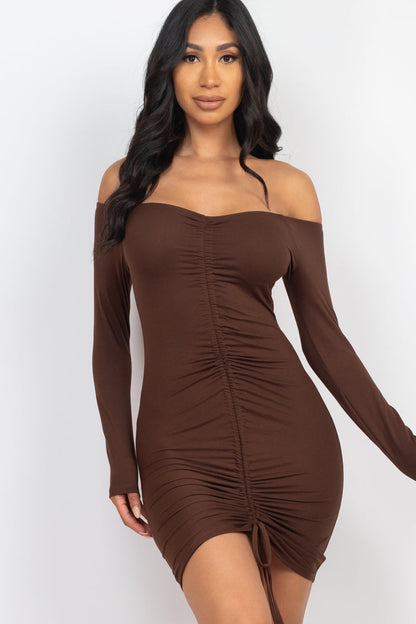 Ruched Drawstring Off-Shoulder Bodycon Dress