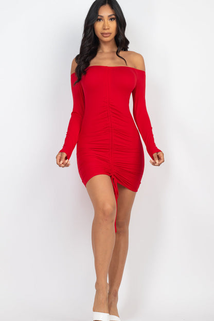 Ruched Drawstring Off-Shoulder Bodycon Dress