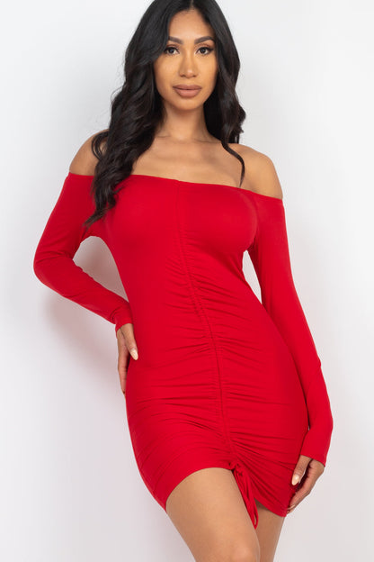 Ruched Drawstring Off-Shoulder Bodycon Dress