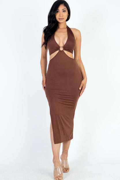 Halter Neck Double Tie Split Thigh Midi Dress