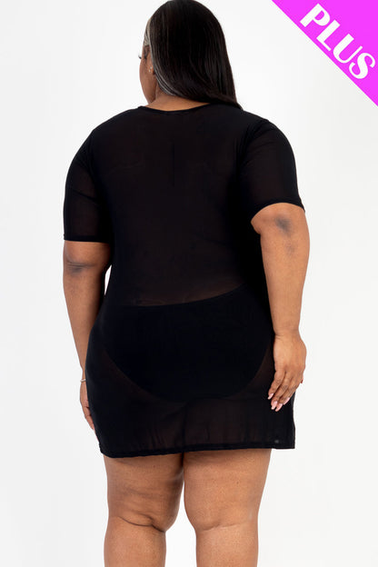 Plus Size Sheer Mesh Short Sleeve T-Shirt Dress