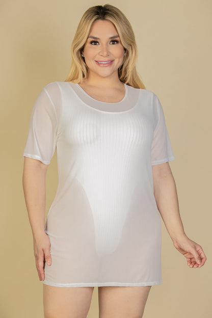 Plus Size Sheer Mesh Short Sleeve T-Shirt Dress