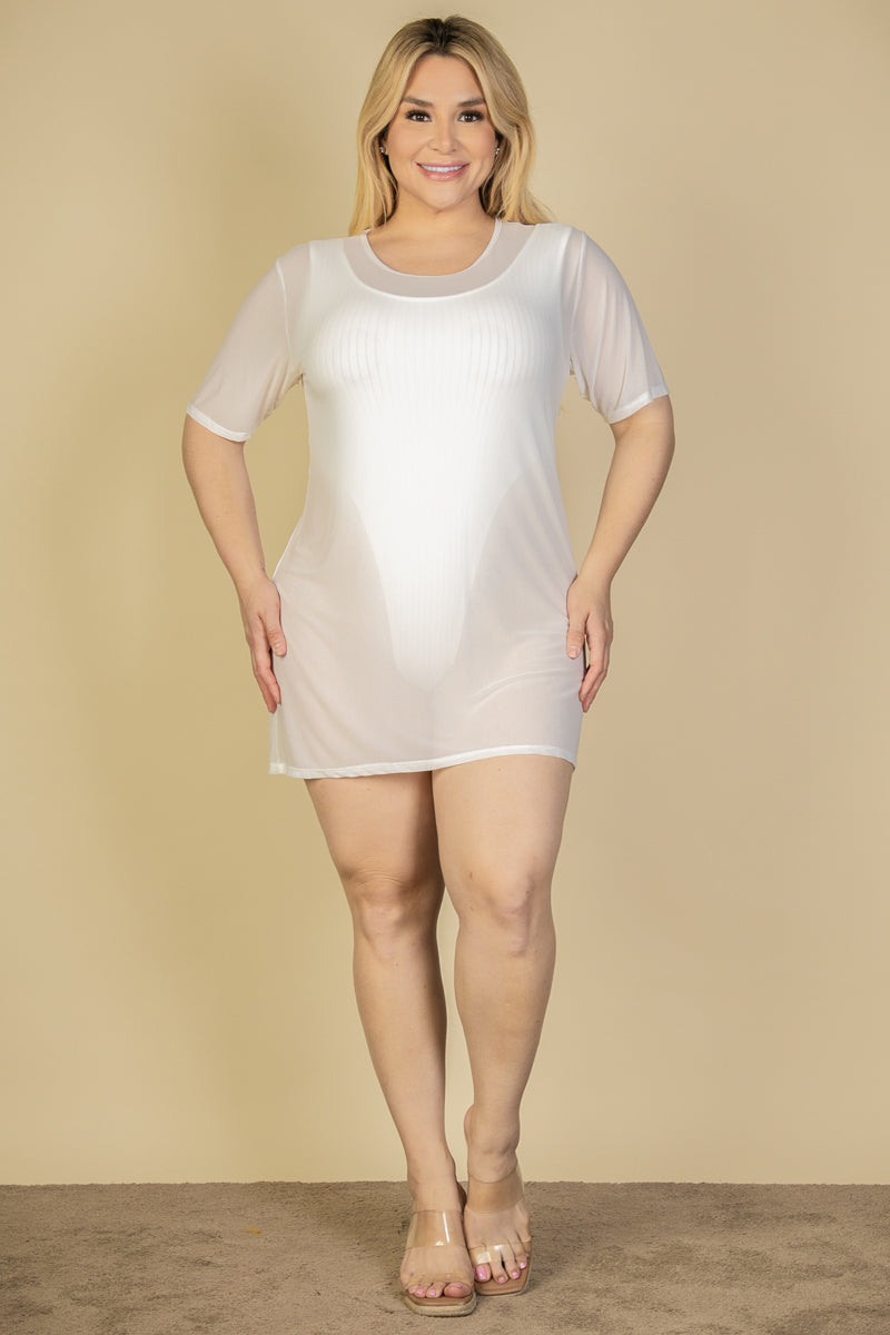 Plus Size Sheer Mesh Short Sleeve T-Shirt Dress