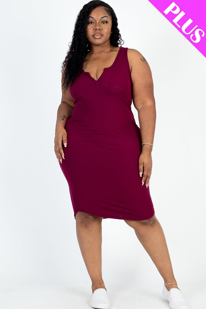 Ribbed Split Neck Bodycon Dress in Casual Style for Plus Size