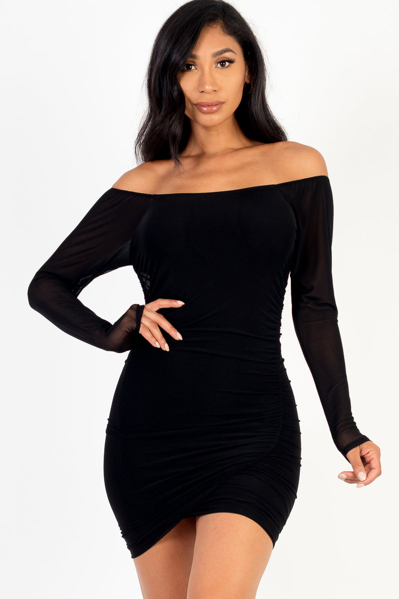 Mesh Long Sleeve Mini Dress with Ruched Detail