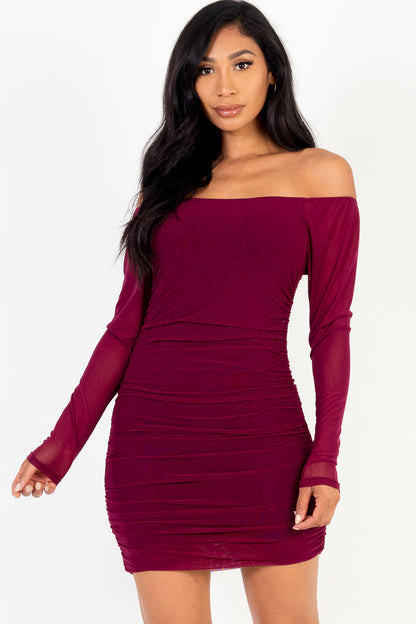 Mesh Long Sleeve Mini Dress with Ruched Detail