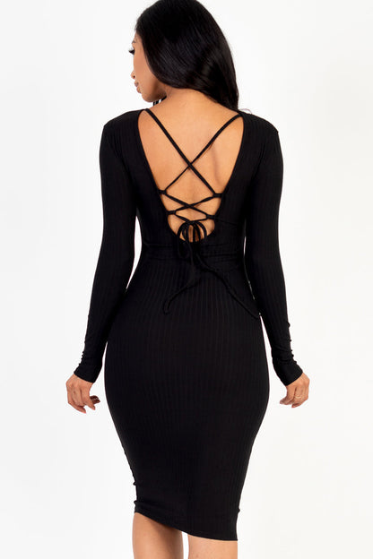 Ribbed Bodycon Midi Dress with Crisscross Back