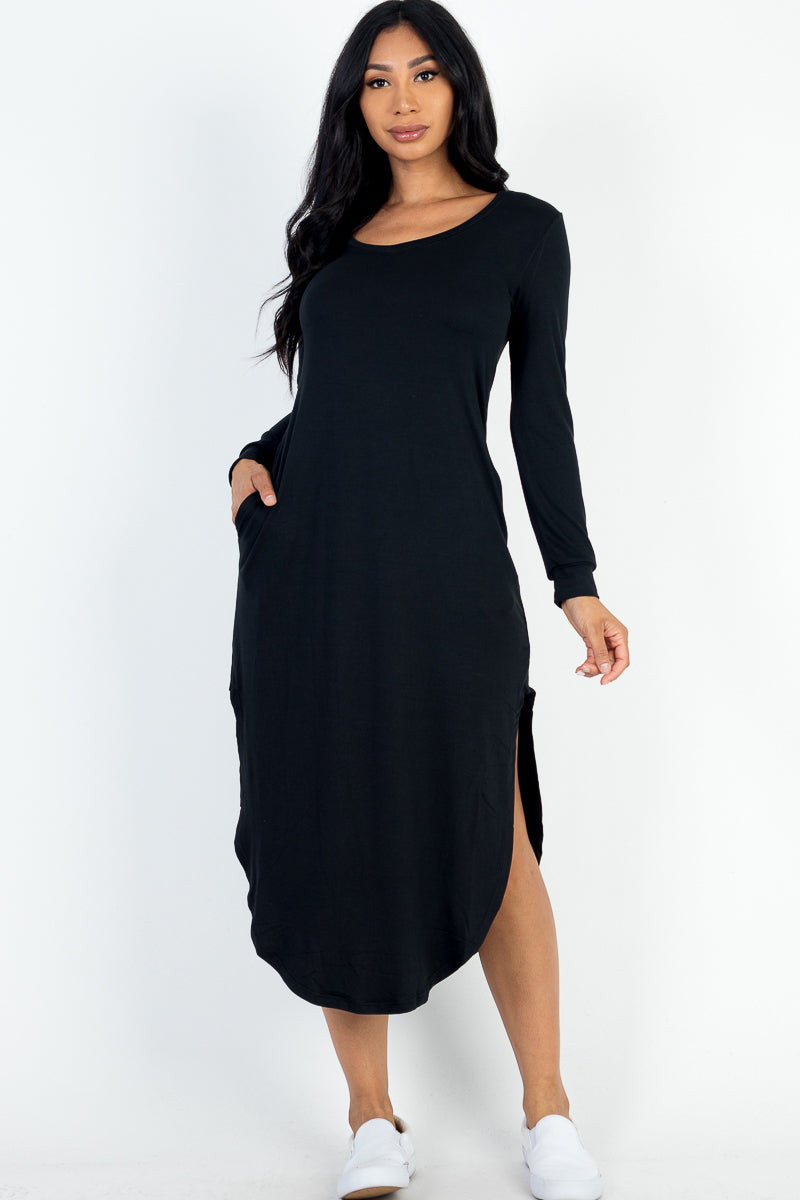 curved hem dress long sleeve Midi Dress with Long Sleeves and Curved Hem