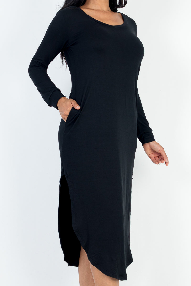 Midi Dress with Long Sleeves and Curved Hem