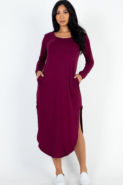 Midi Dress with Long Sleeves and Curved Hem