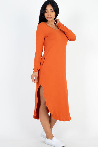 Midi Dress with Long Sleeves and Curved Hem