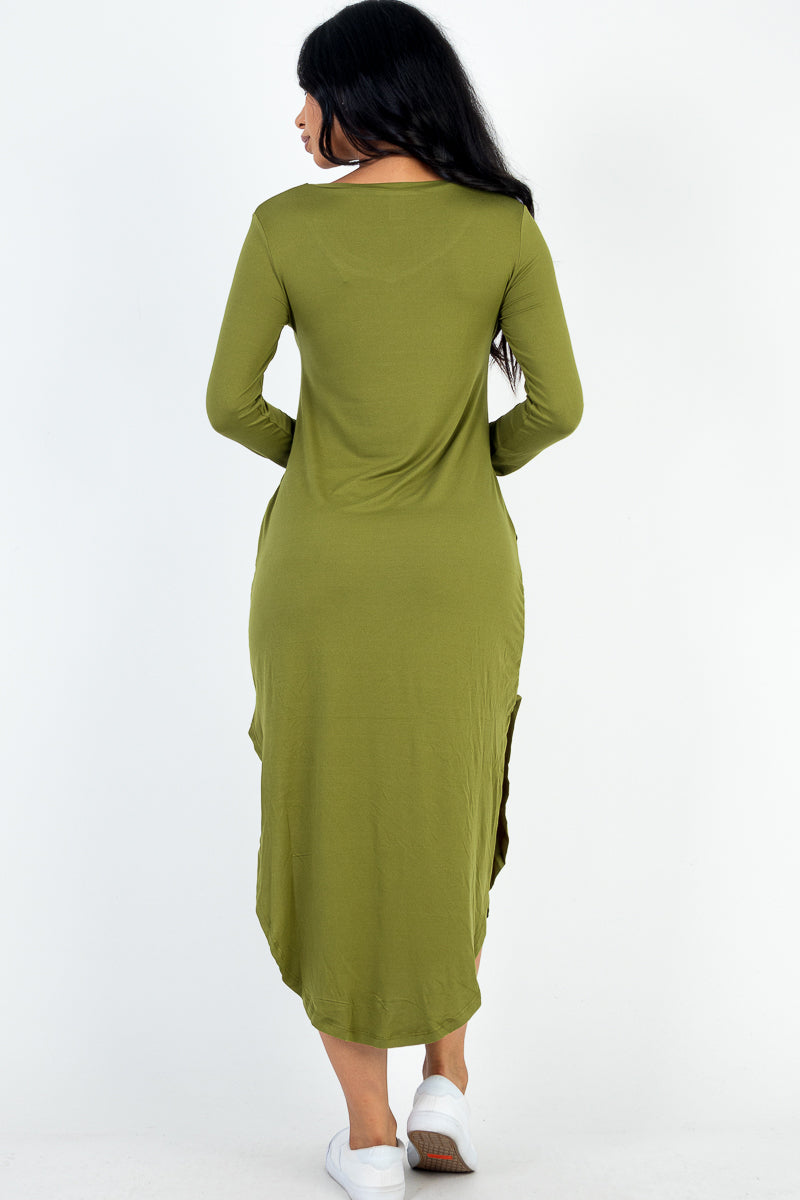 Midi Dress with Long Sleeves and Curved Hem