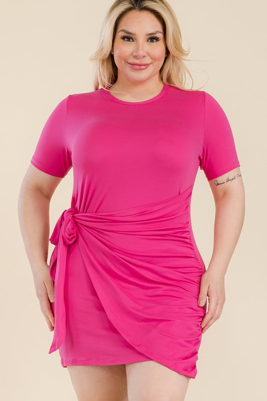 Solid Wrap Front Tie Side Short Sleeve Mini Dress for Plus Sizes