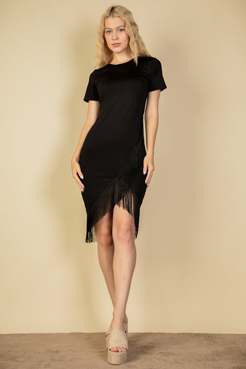 Short Sleeve Bodycon Midi Pencil Dress with Fringe Hem