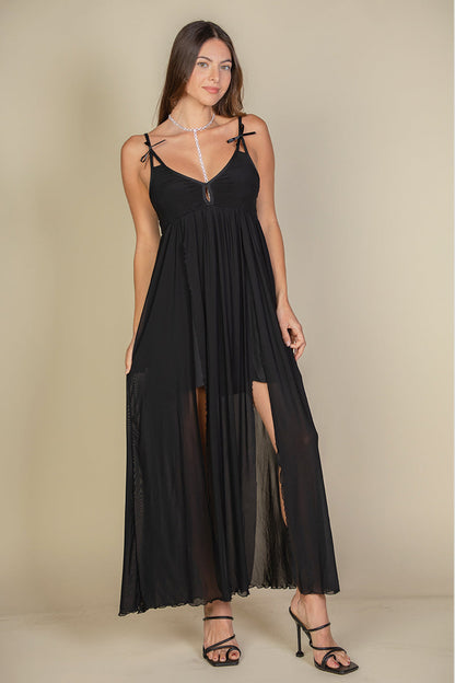 Plunging Neckline Sheer Maxi Dress with Thigh Slit