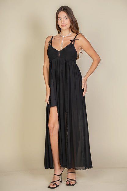 Plunging Neckline Sheer Maxi Dress with Thigh Slit