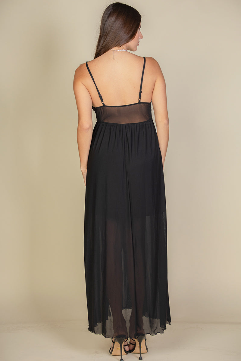 Plunging Neckline Sheer Maxi Dress with Thigh Slit