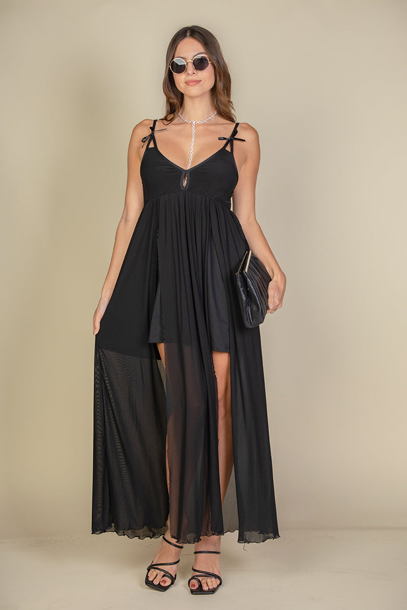 Plunging Neckline Sheer Maxi Dress with Thigh Slit