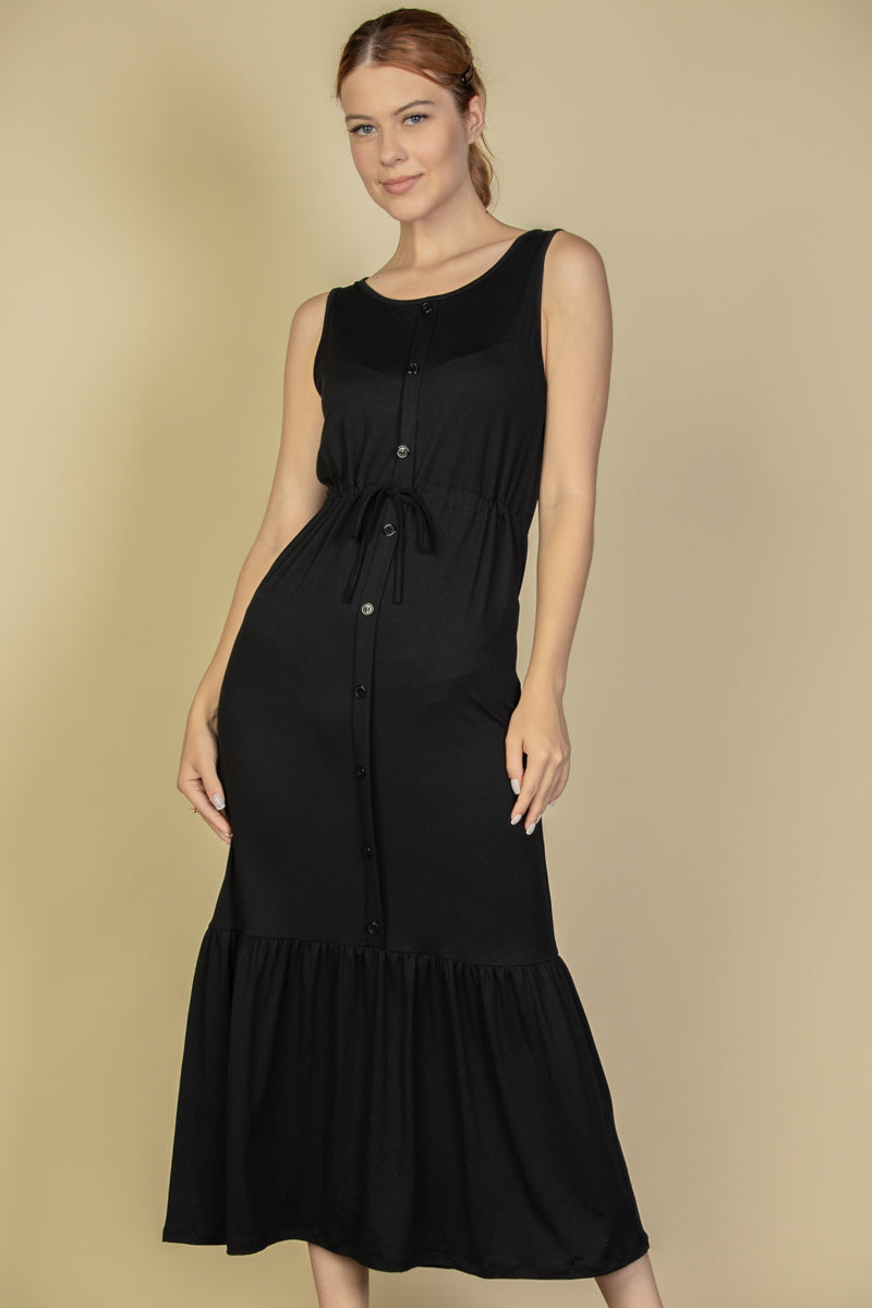 Sleeveless Maxi Dress with Front Button Closure and Tie Waist