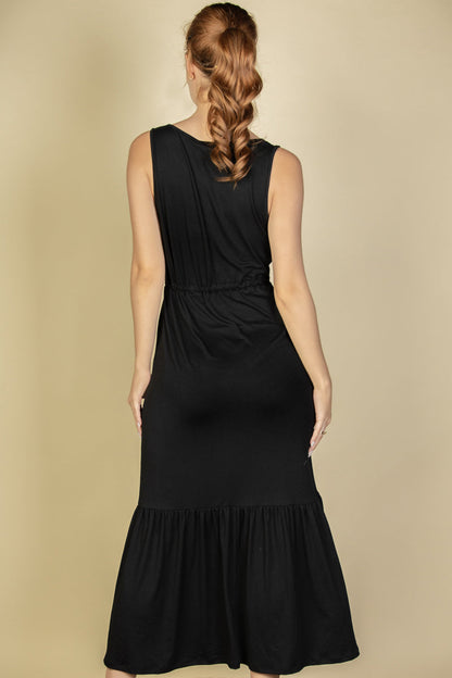 Sleeveless Maxi Dress with Front Button Closure and Tie Waist