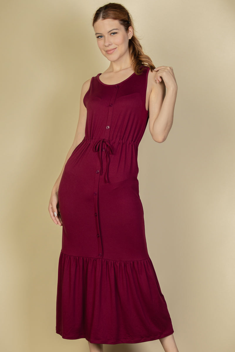 Sleeveless Maxi Dress with Front Button Closure and Tie Waist