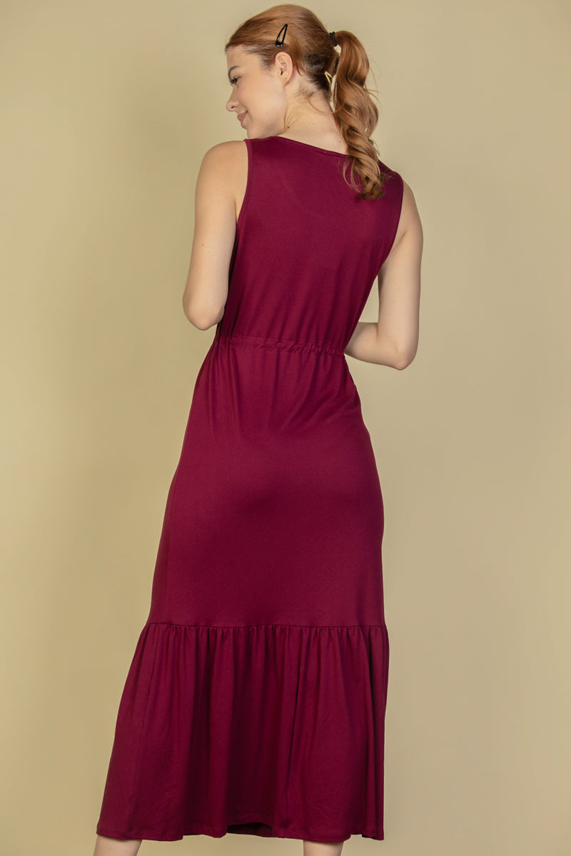 Sleeveless Maxi Dress with Front Button Closure and Tie Waist