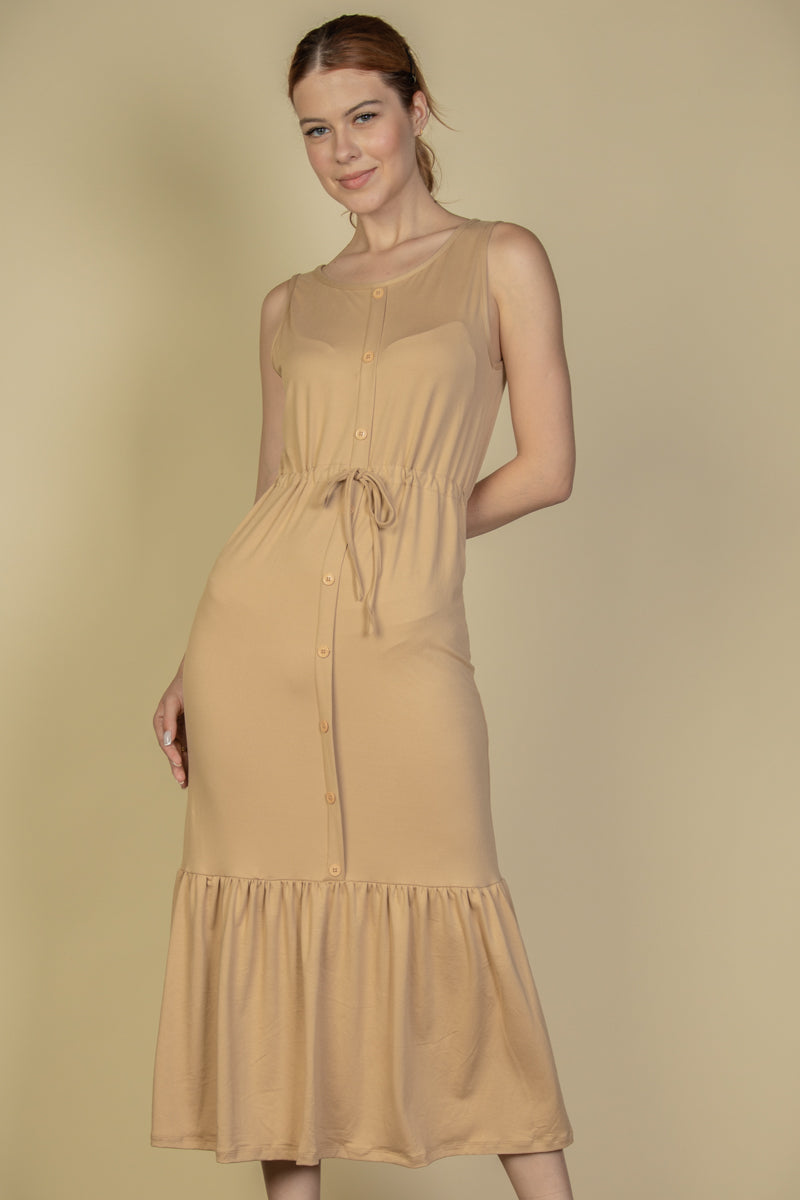 Sleeveless Maxi Dress with Front Button Closure and Tie Waist