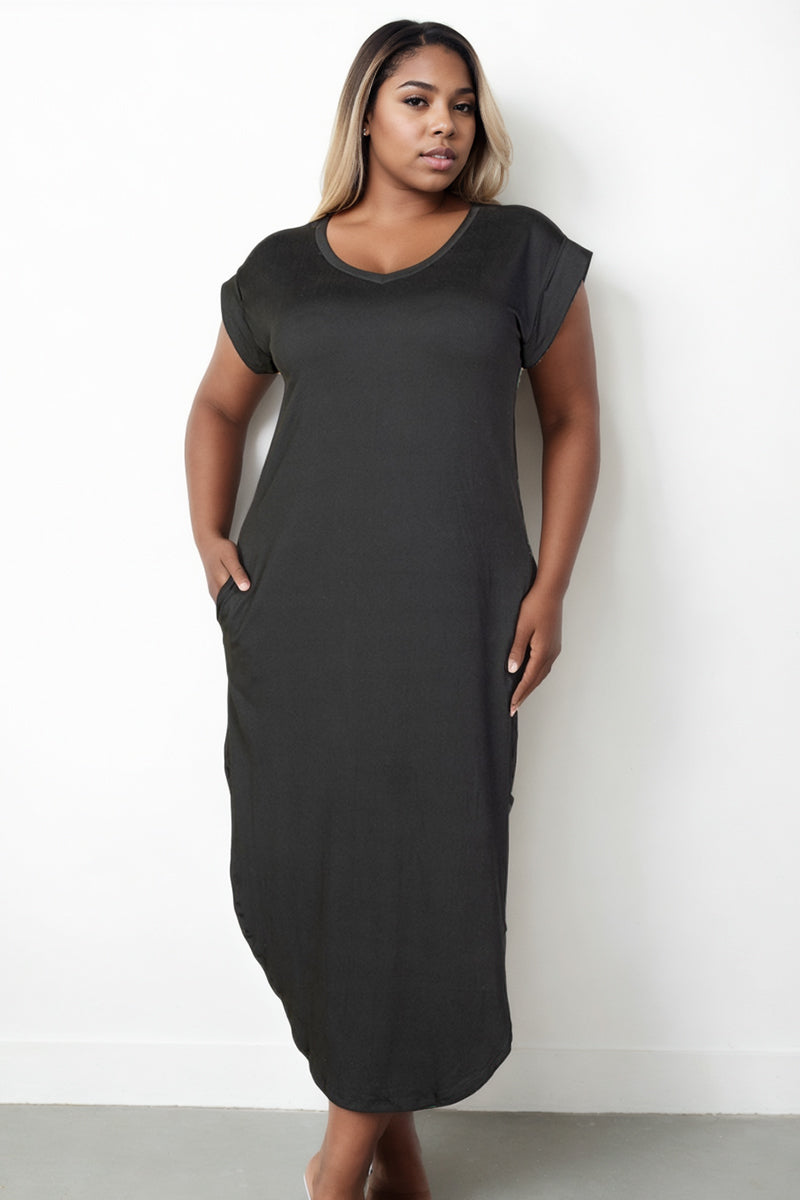 Plus Size Long Dress with Batwing Sleeves, V-Neckline, and Concealed Pockets