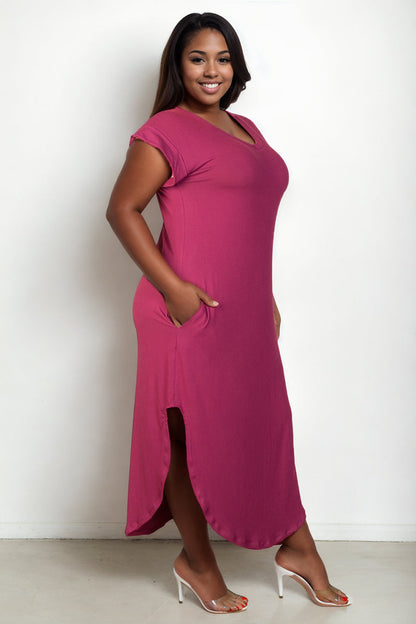 Batwing Sleeve V-Neck Long Dress with Hidden Pocket for Plus Sizes