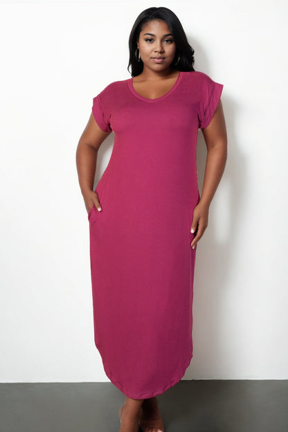 Plus Size Long Dress with Batwing Sleeves, V-Neckline, and Concealed Pockets